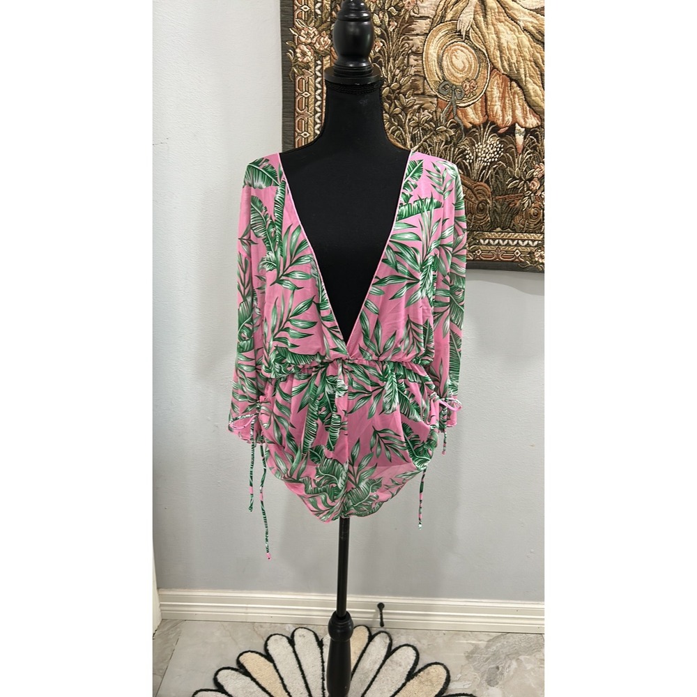 Pink Palm Leaf Print Romper Women's L Long Sleeve Deep V Neck Tie Waist